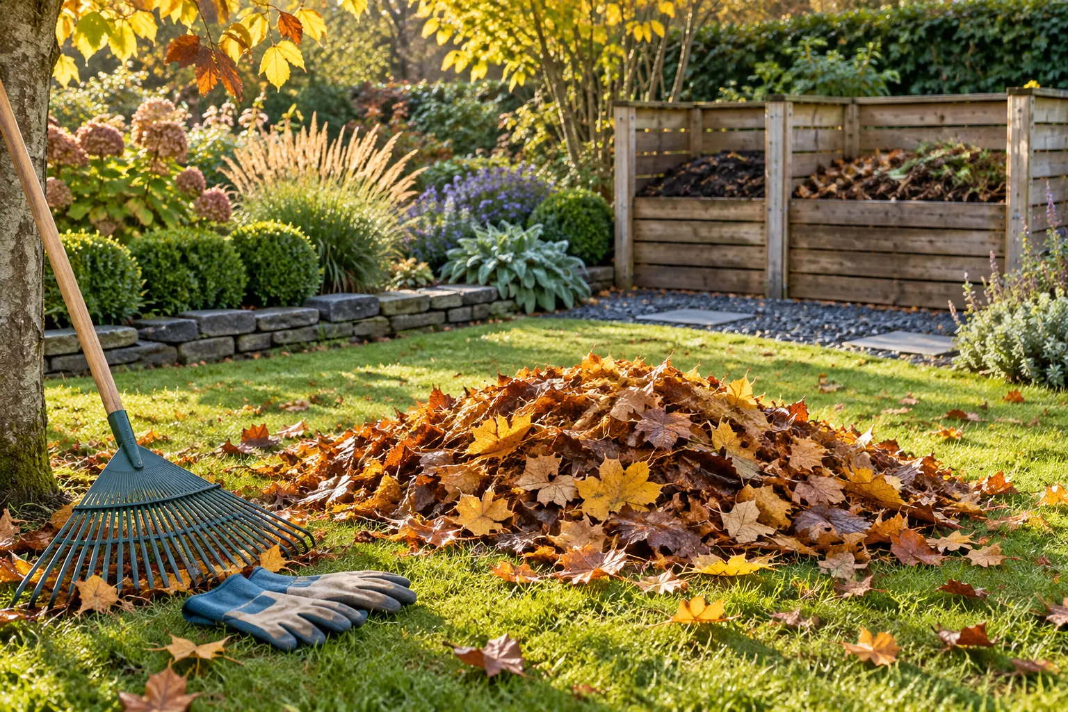 A leaf rake and gardening gloves beside a heap of autumn leaves on a lawn, with timber compost bays and a planted border behind