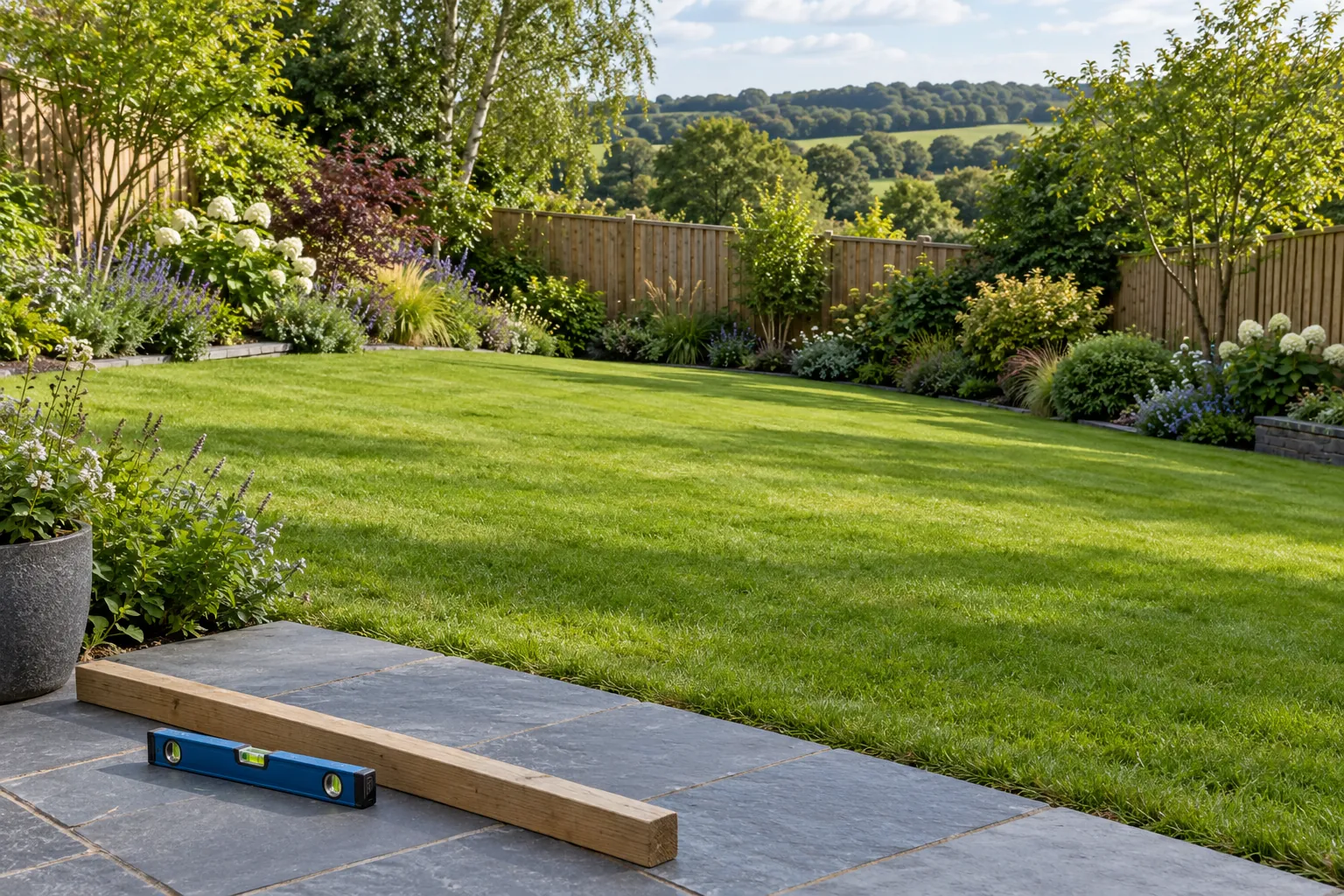 Illustrative garden lawn bordered by planting, with a spirit level resting on a timber batten on slate paving in the foreground