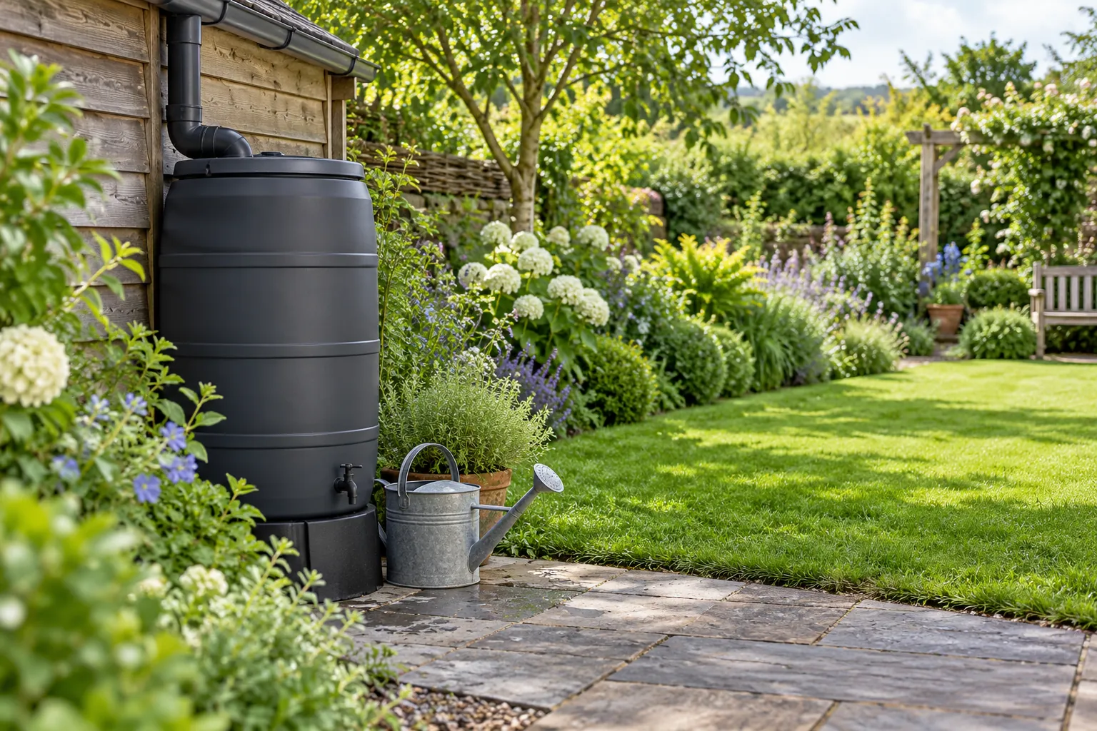 Unbranded dark rainwater butt and a metal watering can beside a paved path, with a planted border and lawn beyond