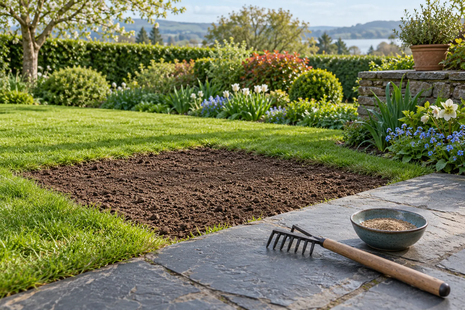 A freshly raked patch of bare soil set into a green lawn, with a hand rake and a bowl of grass seed on slate paving