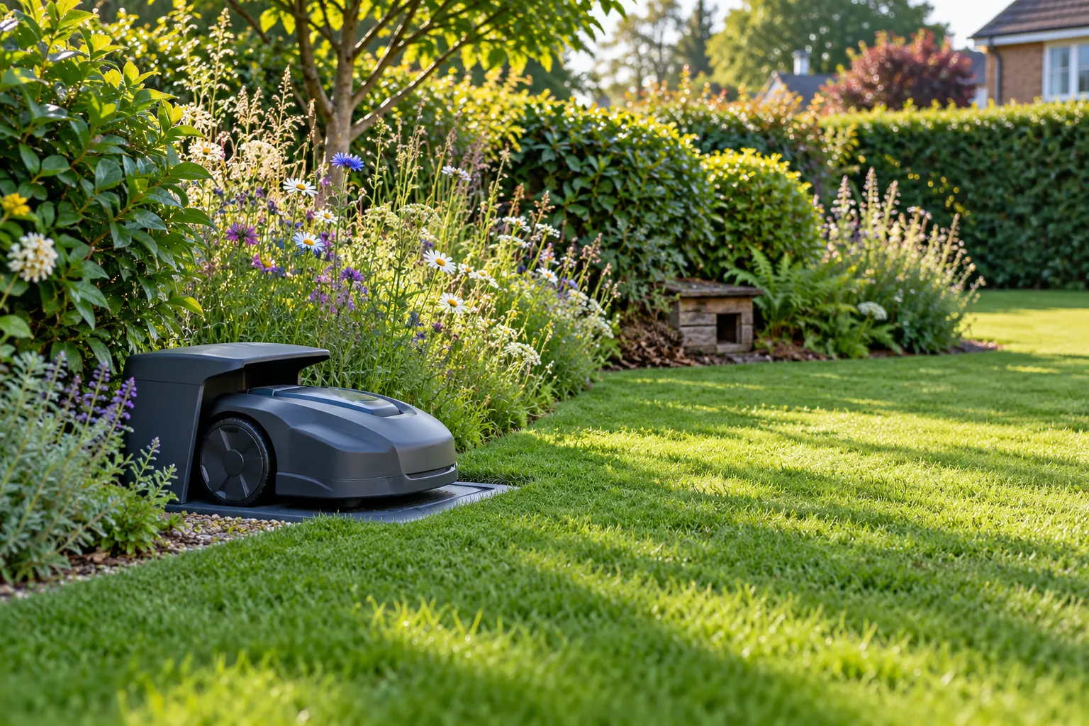 Illustrative lawn edged by a wildflower border and a hedgehog house, with an unbranded robot mower parked in its dock